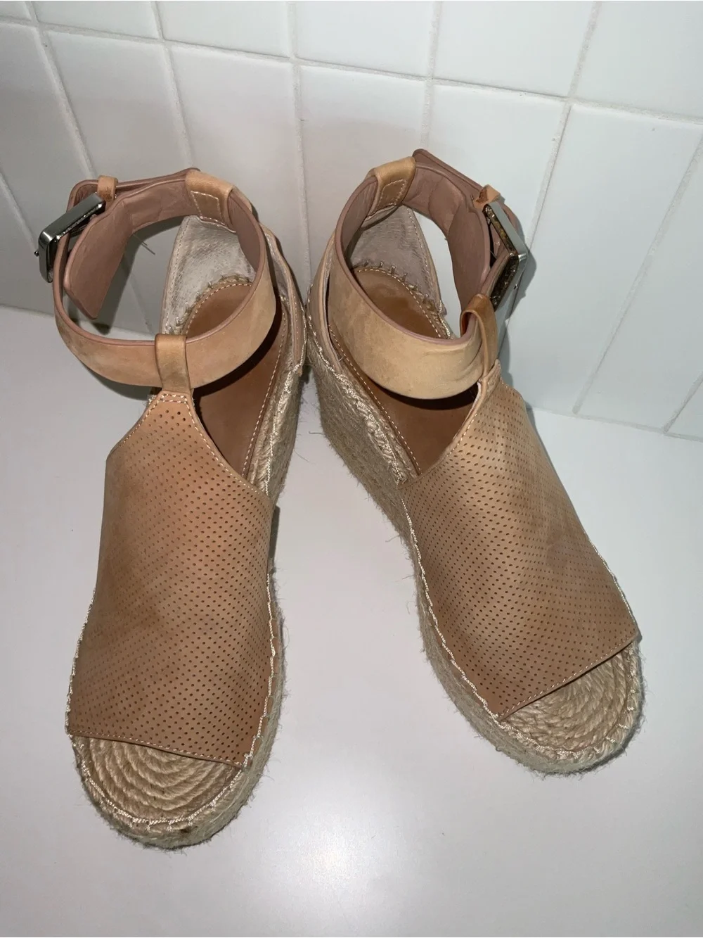 Marc Fisher Tan Perforated Espadrille Wedge Sandals with Ankle Strap